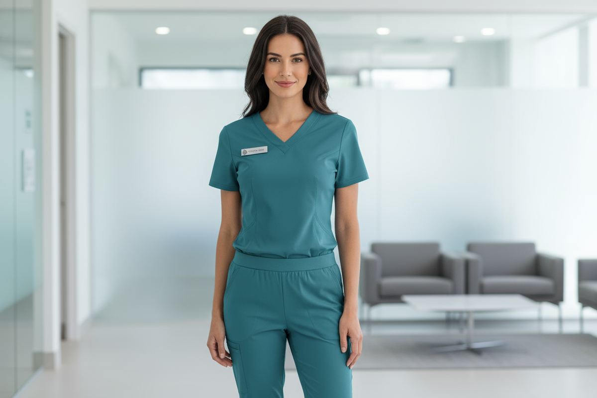 Femme portant une tenue médicale élégante et ajustée