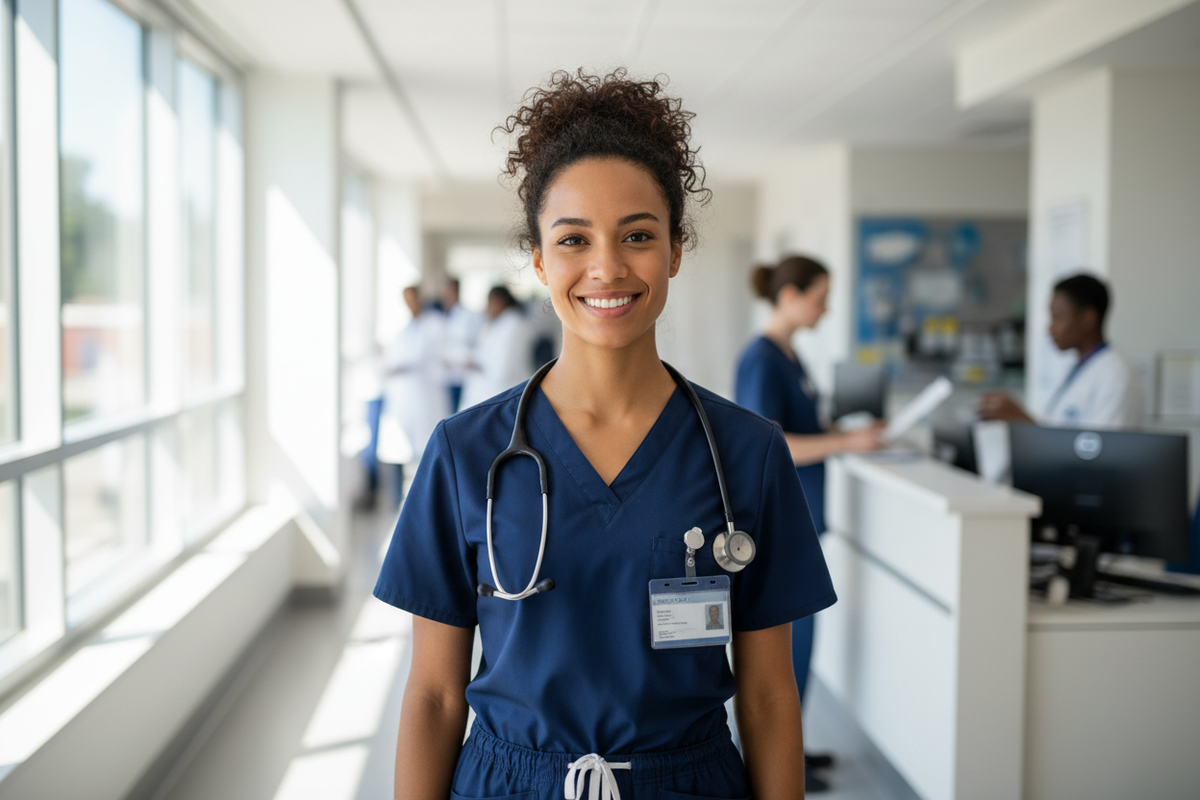 Soignante métisse vêtue d'une tenue médicale bleu marine