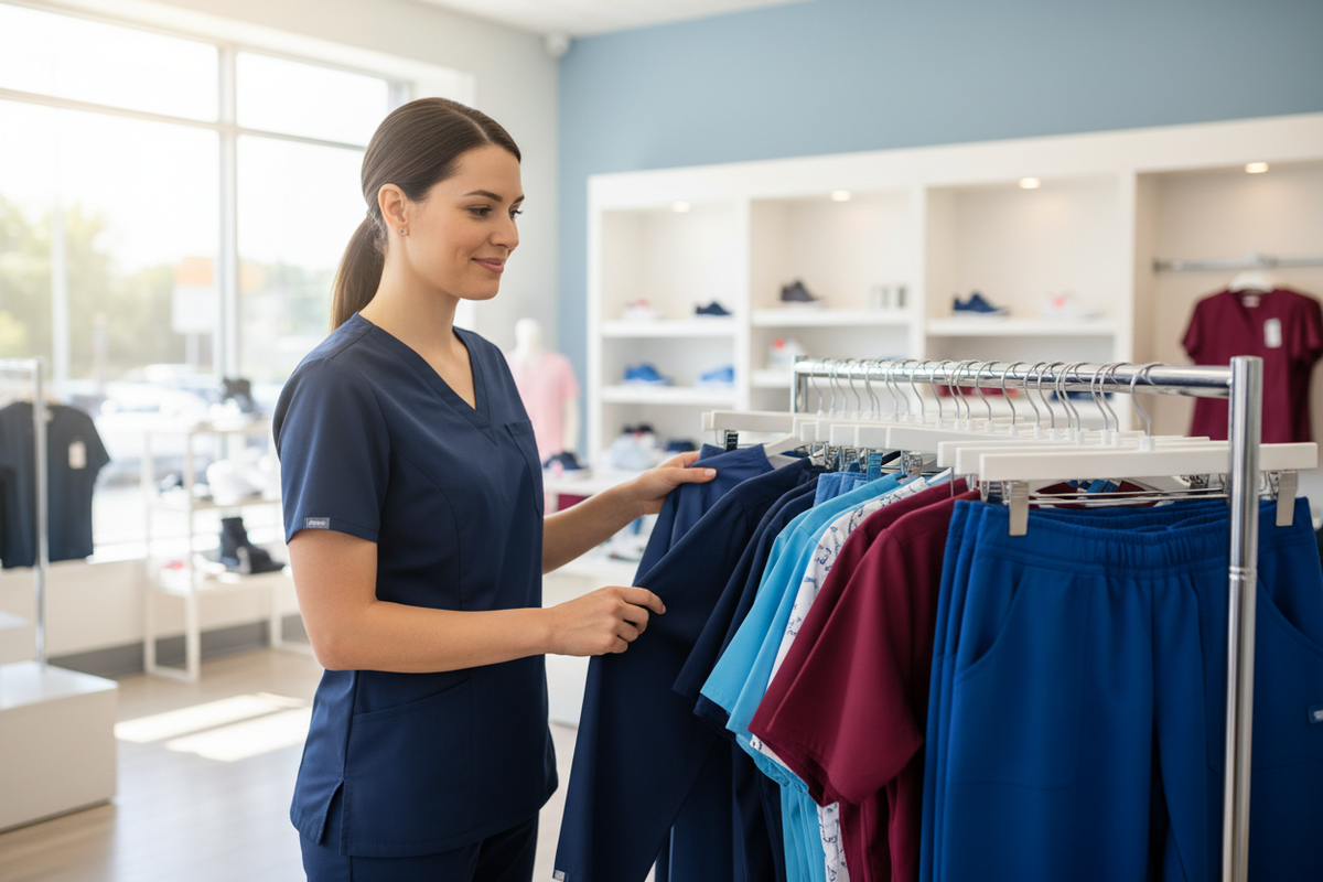 Soignante choisissant une tenue médicale sur un portant de vêtements