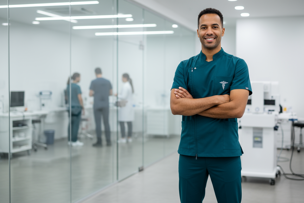 Homme en tenue médicale élégante et ajustée