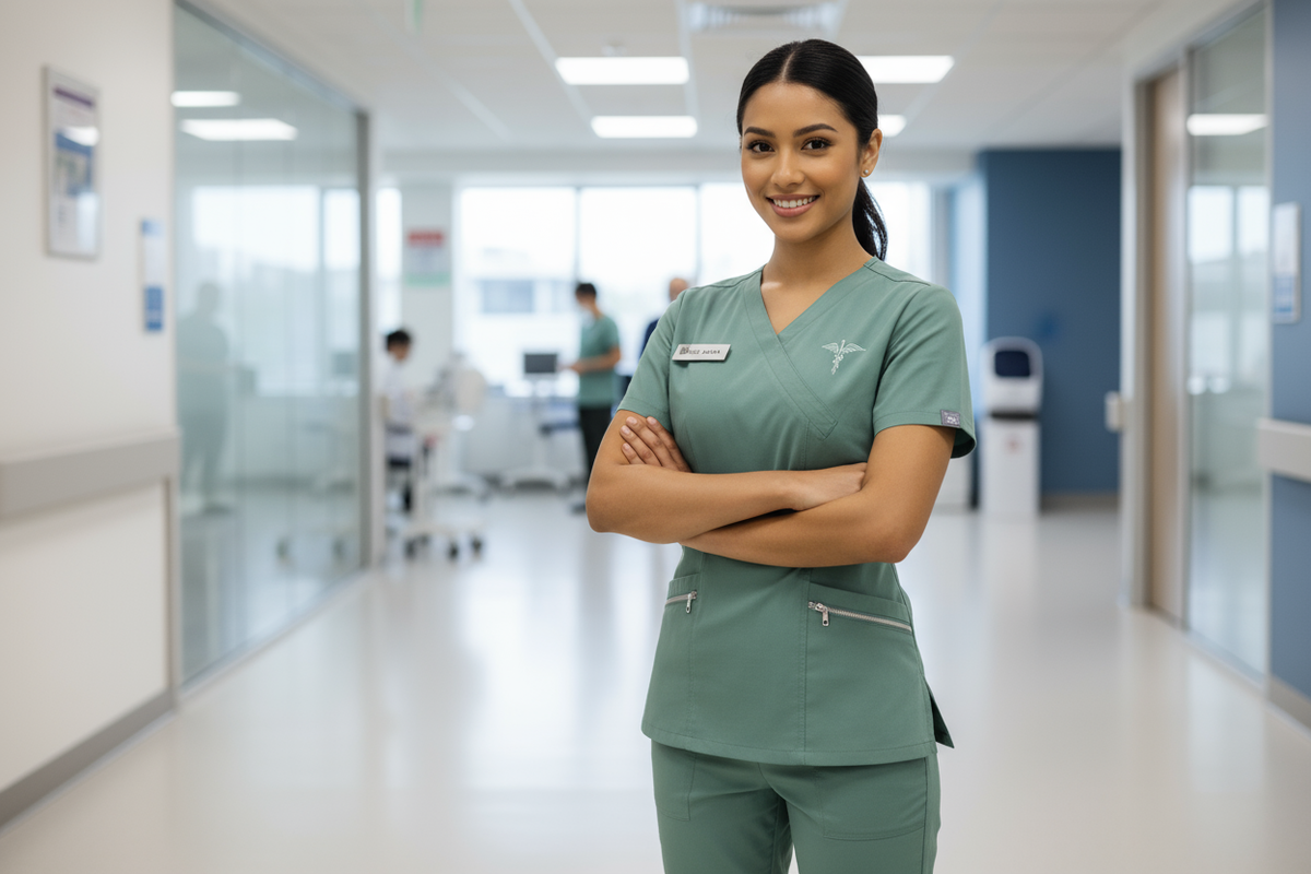 Infirmière en service portant une tenue médicale ajustée vert sauge
