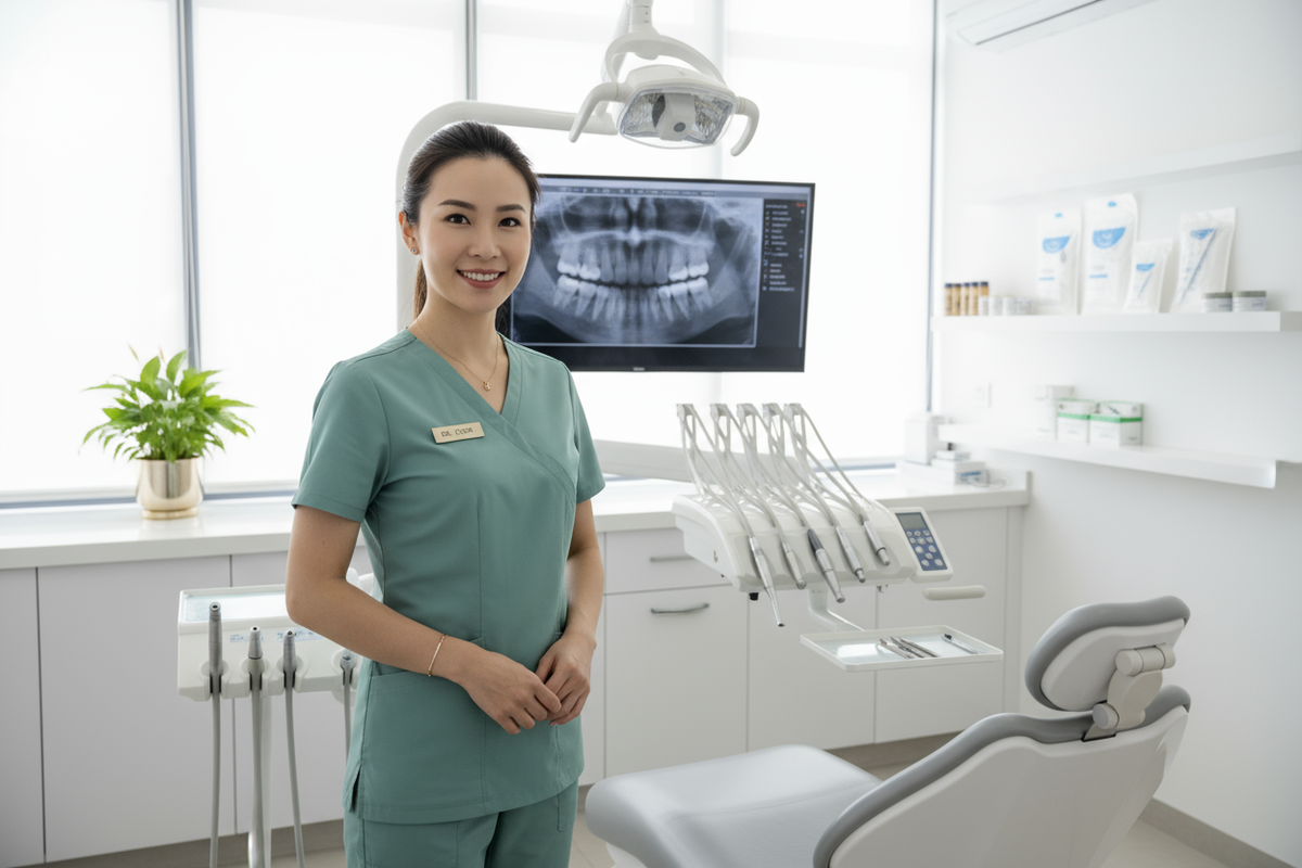 Femme en tenue médicale vert sauge dans un cabinet dentaire